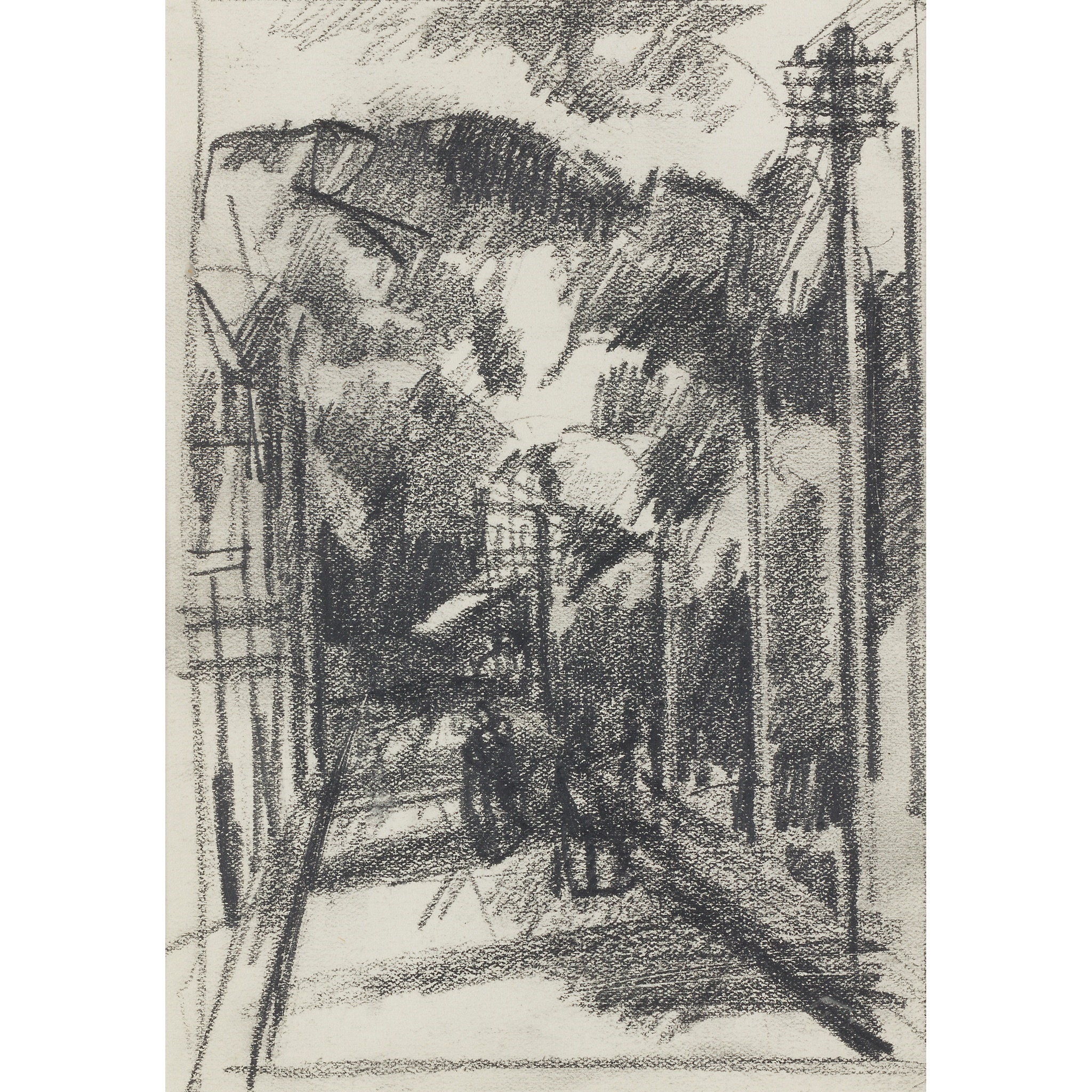 LOT 21 | § JOHN DUNCAN FERGUSSON R.B.A. (SCOTTISH 1874-1961) FIGURES PROMENADING HARLECH Conté drawing | 17cm x 12cm (6.5in x 4.75in) | Exhibited: Alexander Meddowes, A Tribute to Fergus 2004, no.116 £1,000 - £1,500 + fees